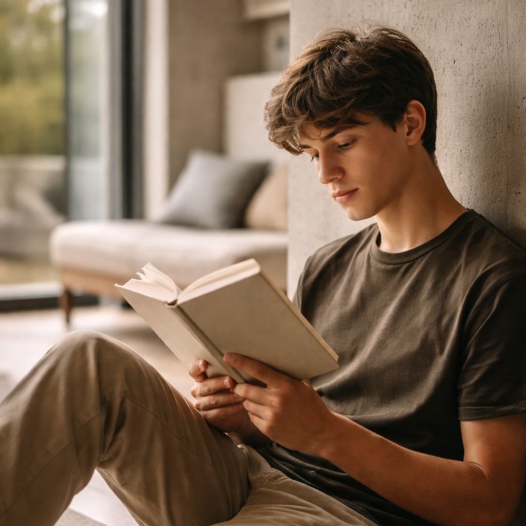 Ein junger Erwachsener liest konzentriert in einem gebundenen Buch – ein stiller Moment der Weitergabe und des Verstehens.