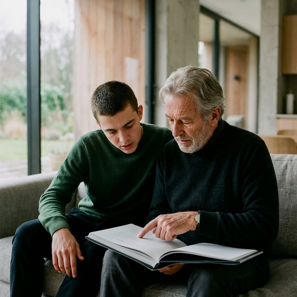 Älterer Mann zeigt einem jungen Mann eine Passage in einem Buch in einem modernen Wohnzimmer