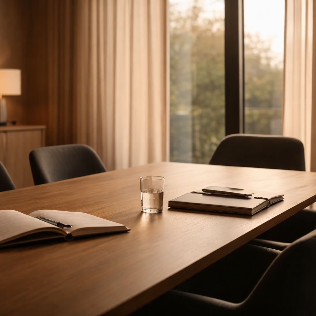 Moderner Besprechungsraum mit Holztisch, Stühlen, Notizbuch und Glas Wasser im warmen Abendlicht.