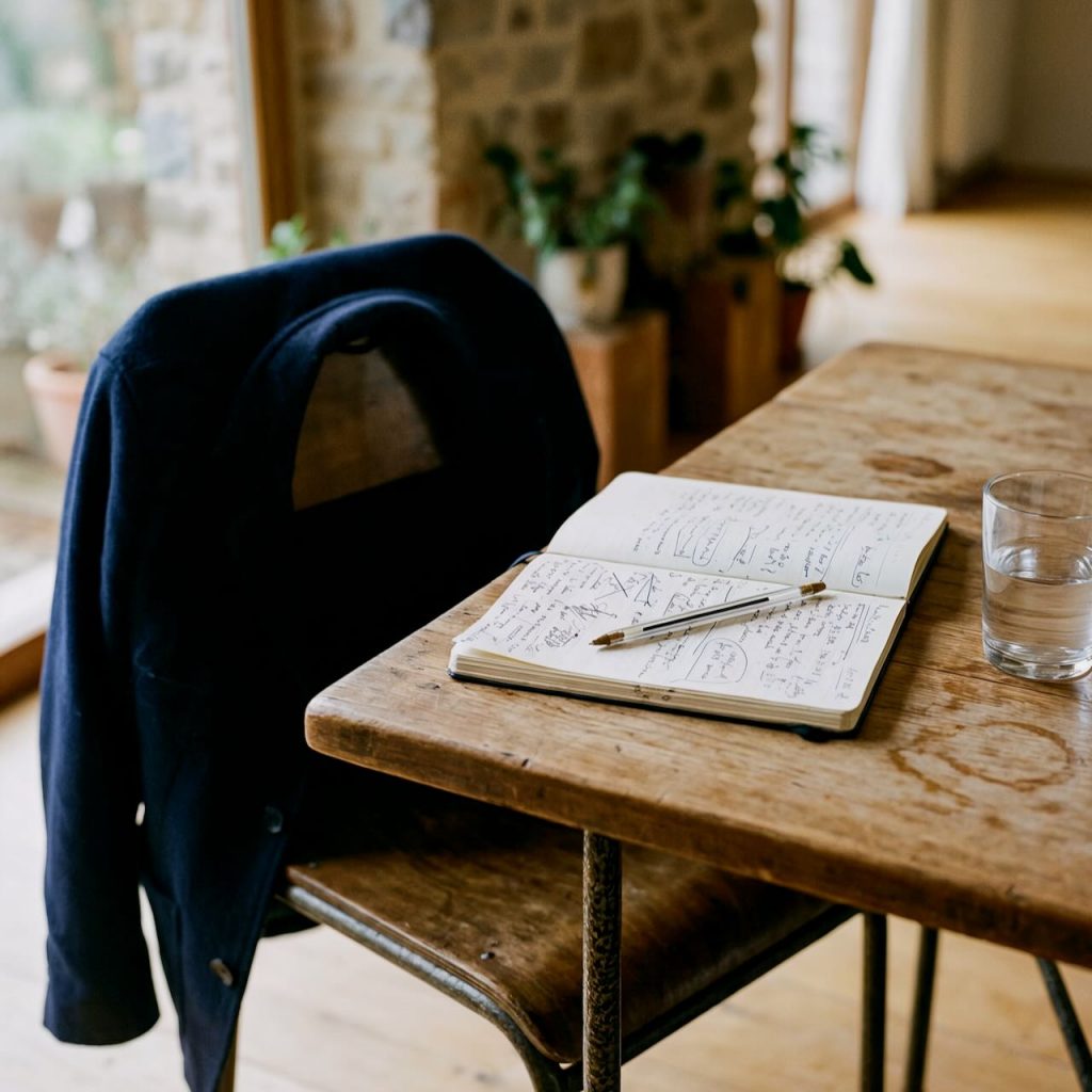 Autobiografie schreiben lassen – Notizbuch mit handschriftlichen Entwürfen auf Holztisch in ruhiger Arbeitsumgebung